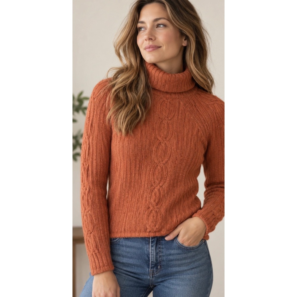 Garnet Hill 100% Cashmere Cable Knit Turtleneck Sweater Burnt Orange Small